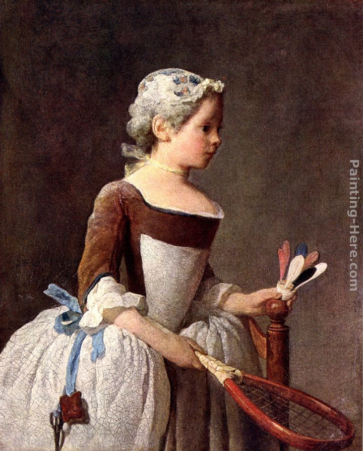 Girl with a featherball racket painting - Jean Baptiste Simeon Chardin Girl with a featherball racket art painting